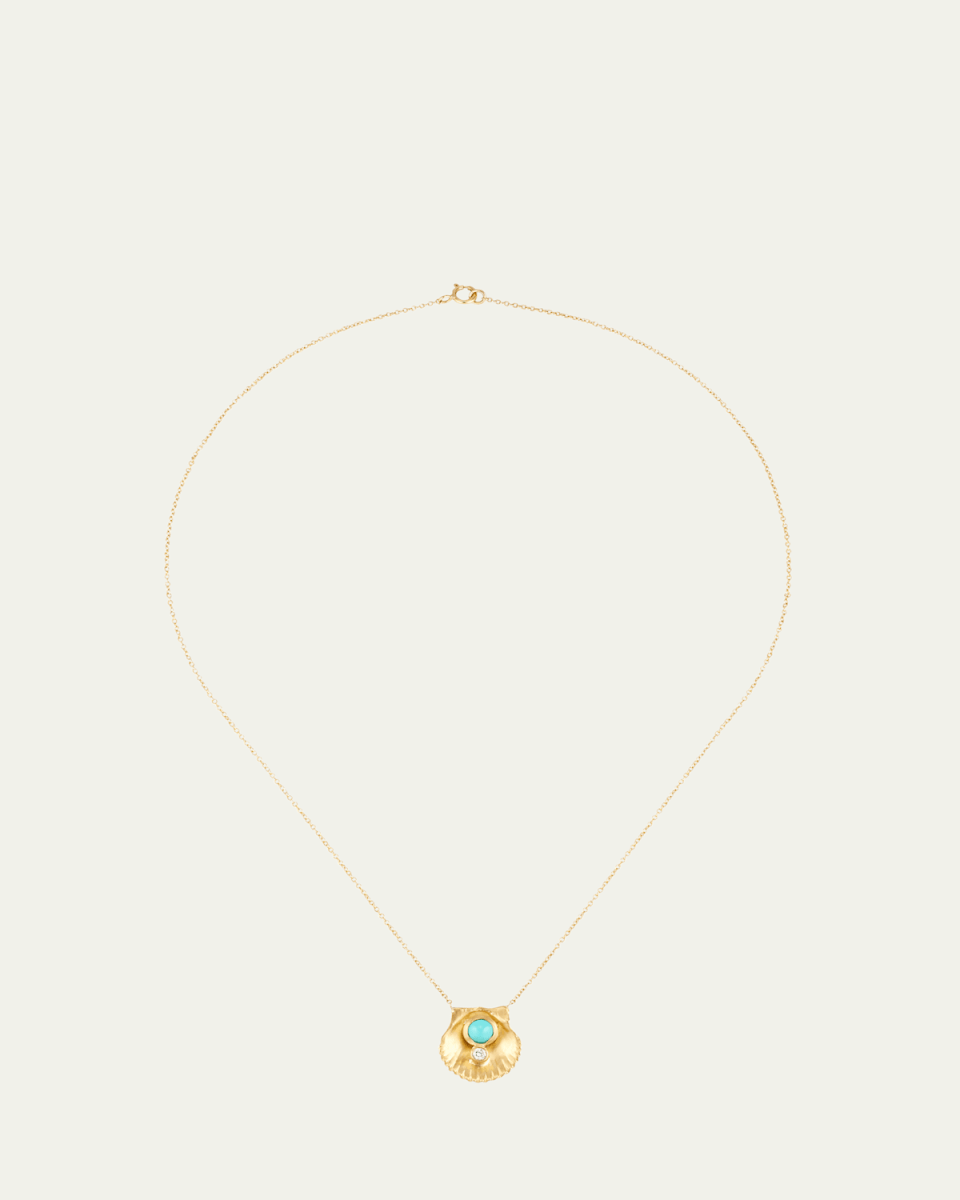 Small Scallop Shell Necklace with Turquoise and Diamond in 18K Yellow Gold